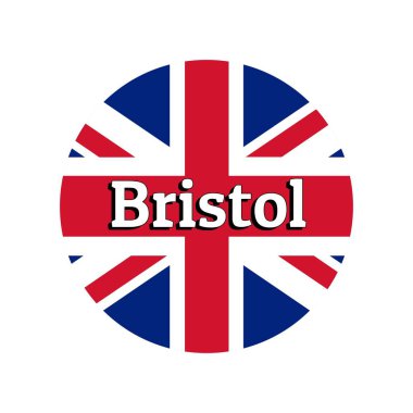 Yuvarlak düğme Büyük Britanya Birleşik Krallığı ulusal bayrağı simgesi. Union Jack şehir adı Bristol harfleri ile beyaz arka plan üzerinde. Logo, afiş, t-shirt baskı için yazıt.