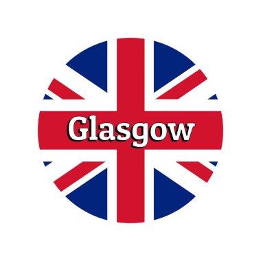 Yuvarlak düğme Büyük Britanya Birleşik Krallığı ulusal bayrağı simgesi. Union Jack şehir adı Glasgow harfleri ile beyaz arka plan üzerinde. Logo, afiş, t-shirt baskı için yazıt.