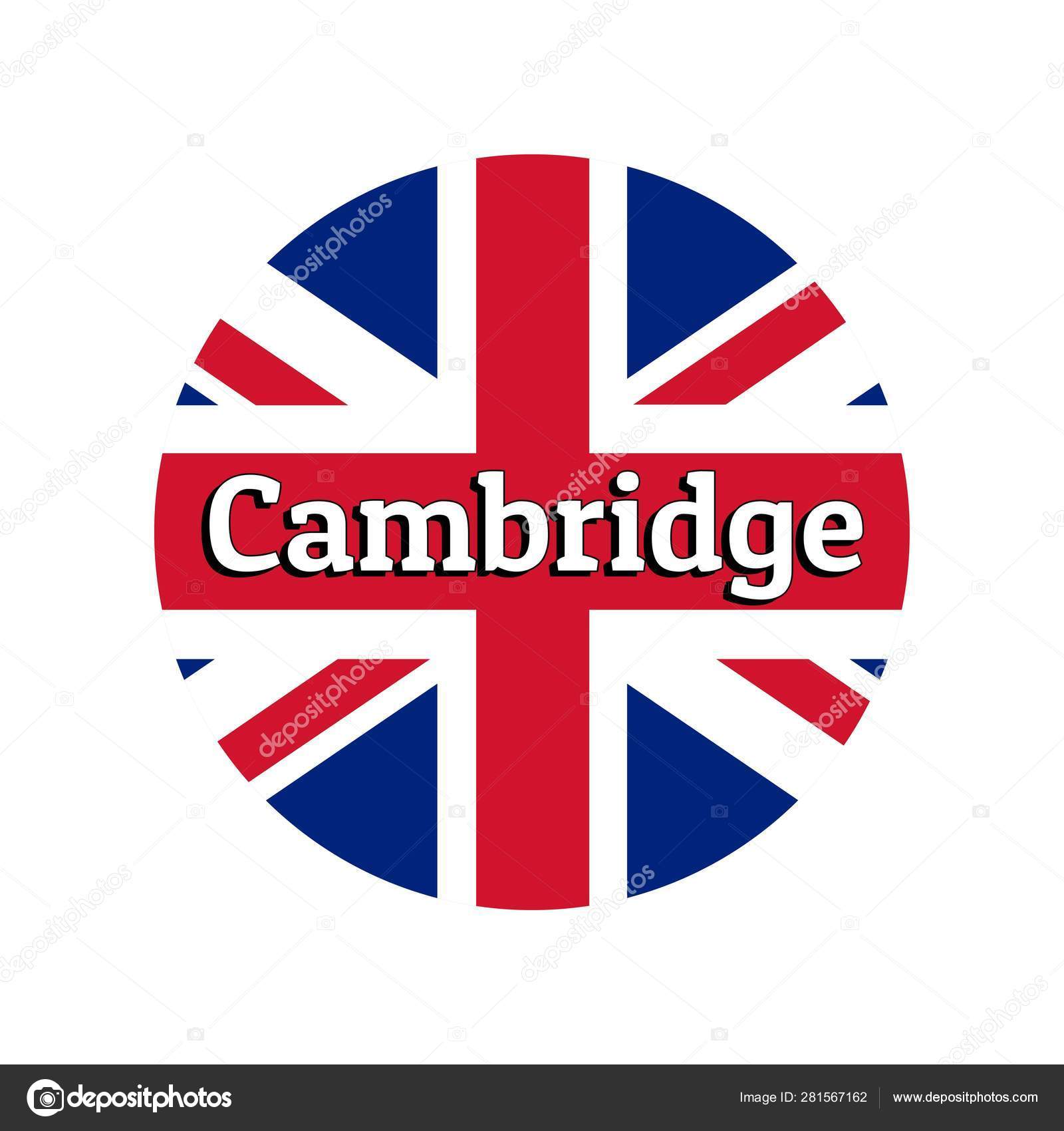 大不列颠及北爱尔兰联合王国国旗的圆形按钮图标。联合杰克在白色背景与城市名称剑桥的字母。标志、横幅、T 恤打印的铭文. 图库矢量图©Bulgn  281567162