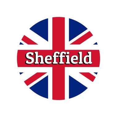 Yuvarlak düğme Büyük Britanya Birleşik Krallığı ulusal bayrağı simgesi. Union Jack şehir adı Sheffield harfleri ile beyaz arka plan üzerinde. Logo, afiş, t-shirt baskı için yazıt.