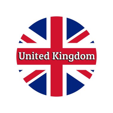 Yuvarlak düğme Büyük Britanya Birleşik Krallığı ulusal bayrağı simgesi. Logo, afiş, t-shirt baskı için yazıt ile beyaz arka plan üzerinde Union Jack.