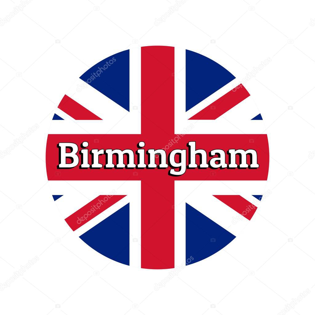 Round button Icon of national flag of United Kingdom of Great Britain. Union Jack on the white background with lettering of city name Birmingham. Inscription for logo, banner, t-shirt print