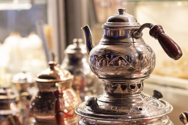 Traditional turkish teapot. Popular souvenir from Turkey. Authentic elegant kettle, Istanbul 2019-08-11