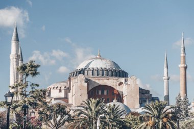 Ünlü müze Ayasofya İstanbul, Türkiye. Gün batımında İstanbul şehir merkezinde ki en önemli turistik mekanlardan biri. Mavi gökyüzü ve yeşil palmiyeler.