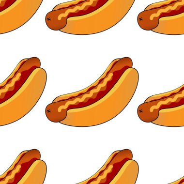 Hot Dog 'da kusursuz desen var. Arkaplan, afiş, kart, poster için şablon. Vektör EPS10 illüstrasyonu. .