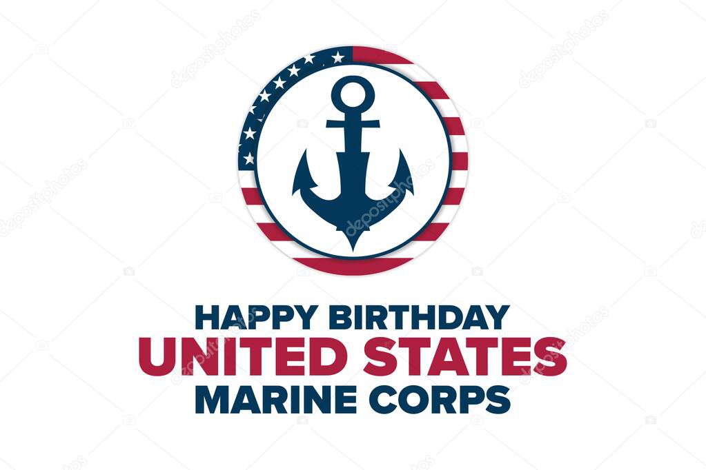 Happy Birthday United States Marine Corps. November 10. Holiday concept. Template for background, banner, card, poster with text inscription. Vector EPS10 illustration