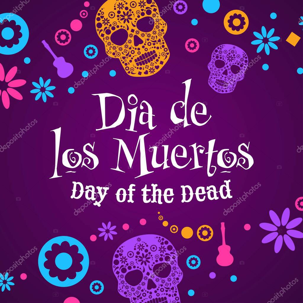 Inscription Day of the Dead in Spanish. Dia de los Muertos holiday concept. Template for background, banner, card, poster with text inscription. Vector EPS10 illustration