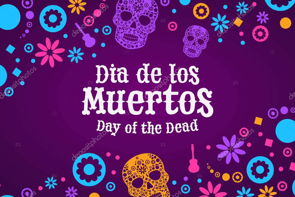 Inscription Day of the Dead in Spanish. Dia de los Muertos holiday concept. Template for background, banner, card, poster with text inscription. Vector EPS10 illustration