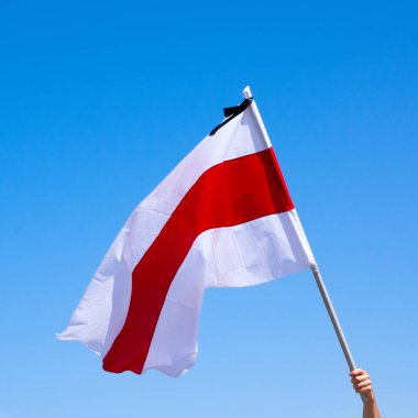 Mavi gökyüzü arka planında siyah kurdeleyle beyaz-beyaz-ulusal bayrak sallıyor. Beyaz Rusya cumhurbaşkanlığı seçimlerinden sonra Beyaz Rusya 'da barışçıl protesto