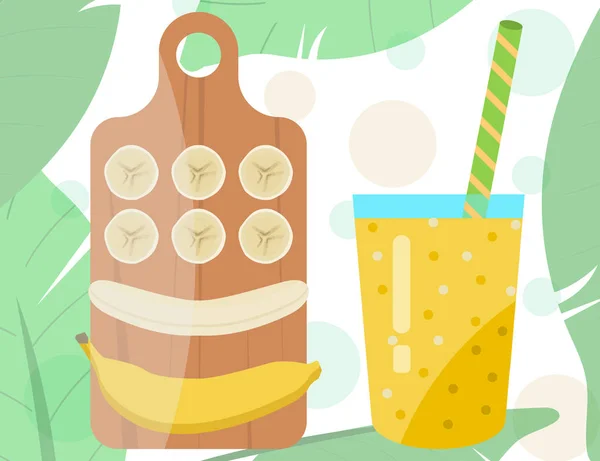 Batido Diseño Plano Con Plátano Una Tabla Cortar Madera — Vector de stock