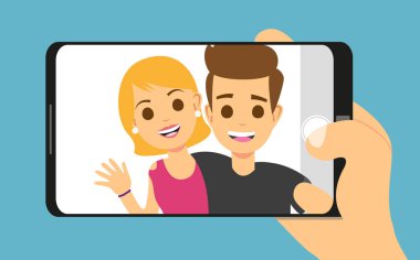 Genç kadın, adam selfie fotoğrafta Smartphone'da çift. Arkadaşlarım telefon ekranında şirin portresi. Smartphone selfie kamera, mobil portre fotoğrafçılığı. Vektör çizim eps 10 çizgi film