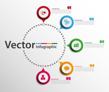 Infographic tasarım şablonu daireler ile. İş kavramı 5 seçeneği ile. İçerik, diyagram, akış şeması, adımları, parçalar, zaman çizelgesi infographics, iş akışı düzen, grafik, illüstrasyon için. Vektör eps 10