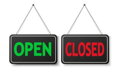 Açık asılı ve kapalı kapı işareti. Vector yeşil biz açık ve biz siyah Signboard, Cafe veya dükkan işareti kırmızı kapalı-vektör EPS 10 