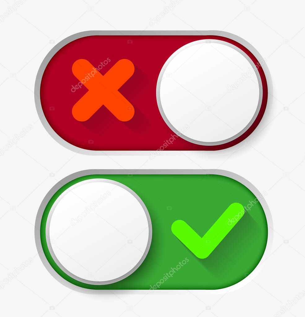 Toggle button switch off or turn on slider icons for  flat web UI toggle button interface design. Vector eps 10