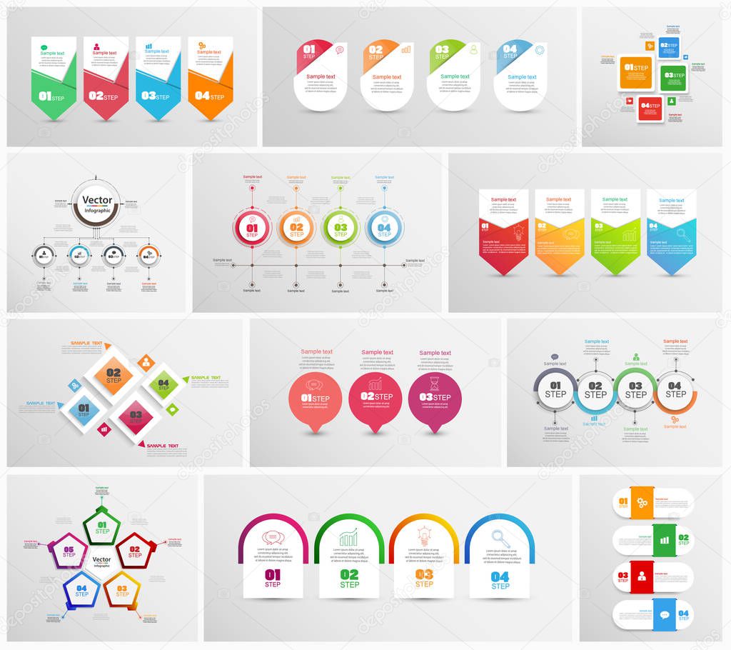 Big collection of colorful infographic. Can be used for workflow layout, diagram, number options, web design. Infographic business concept with options, parts, steps or processes. Vector Eps 10