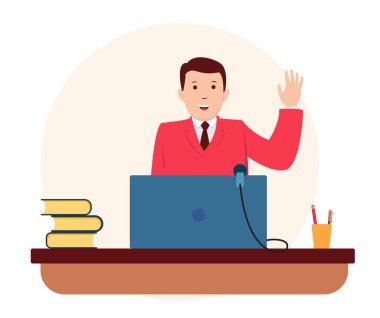 İş adamı kürsüde mikrofonla konuşuyor. Vektör düz tasarımı