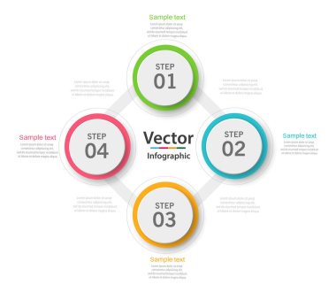 Bilgi grafikleri tasarım şablonu. 4 adım veya seçenekli iş konsepti, iş akışı düzeni, diyagram, yıllık rapor ve web tasarımı için kullanılabilir. Yaratıcı pankart, etiket vektörü