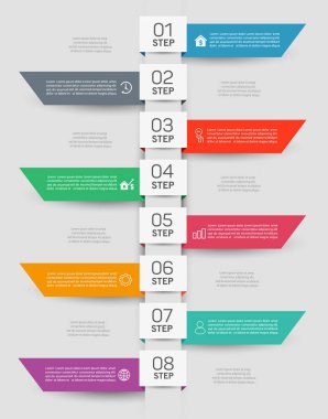 Simge ve 8 seçenek veya adımlı ticari bilgi şablonu 