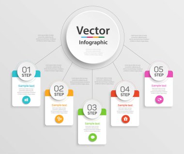 İş akışı düzeni, diyagram, yıllık rapor, web tasarımı için 5 seçeneği, adımı veya süreci içeren bilgi grafikleri vektör tasarım şablonu kullanılabilir 