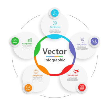 İş akışı düzeni, diyagram, yıllık rapor, web tasarımı için 5 seçeneği, adımı veya süreci içeren bilgi grafikleri vektör tasarım şablonu kullanılabilir 