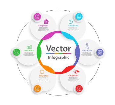 6 adım, seçenek, parça ya da süreç içeren vektör iş bilgi şablonu
