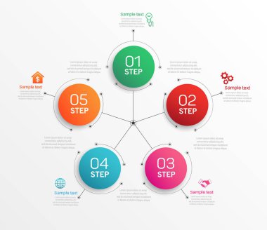 İş akışı düzeni, diyagram, yıllık rapor, web tasarımı için 5 seçeneği, adımı veya süreci içeren bilgi grafikleri vektör tasarım şablonu kullanılabilir 