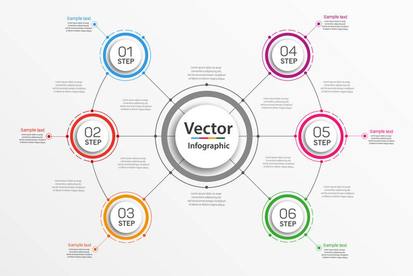 Vector business infographic template with 6 steps, options, parts or processes