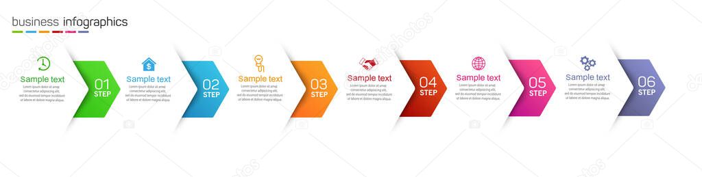 Vector business infographic template with 6 steps, options, parts or processes