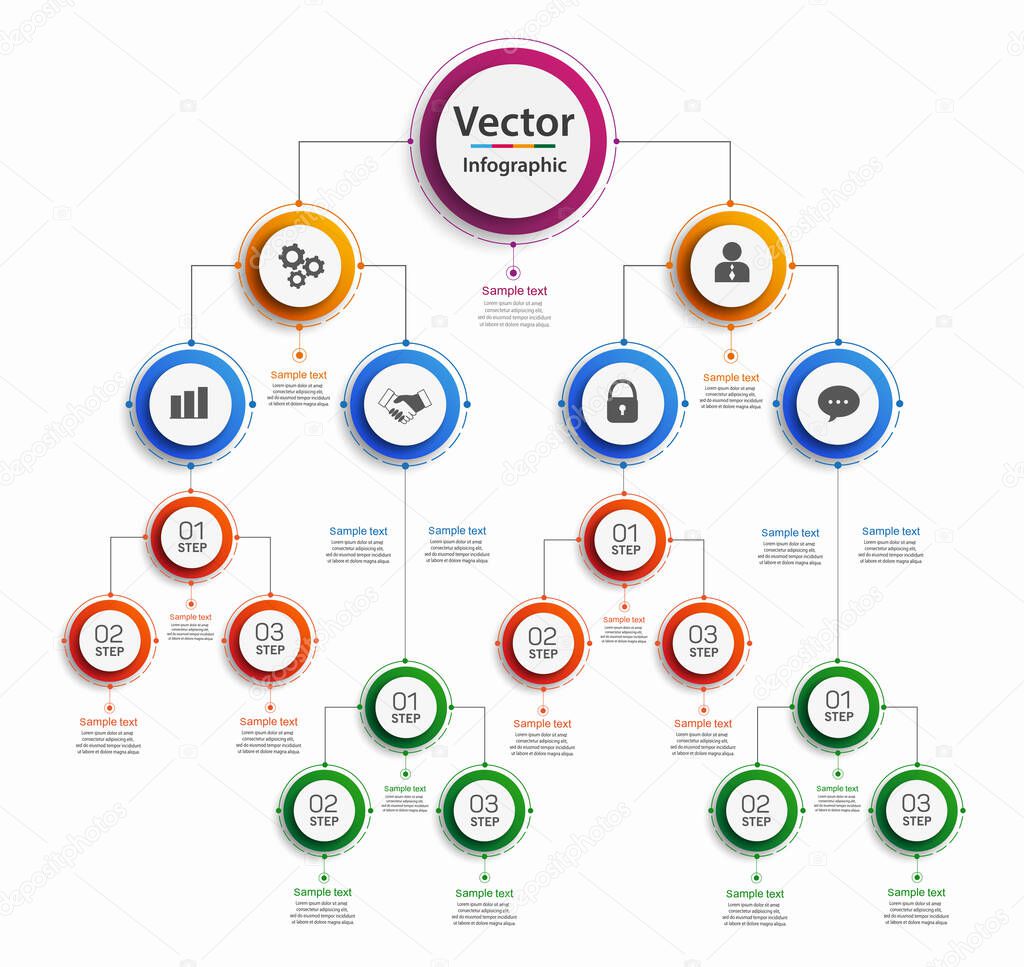 Business hierarchy organogram chart infographics. Corporate organizational structure graphic elements. Infographic design template with circles. Vector eps 10