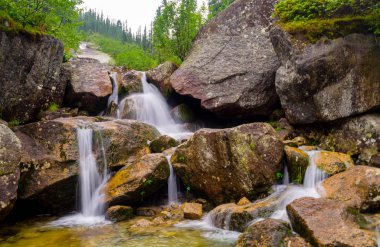 Büyük taş şelale Nehri üzerindeki surround. Hızlı beyaz dere taşları gidin. Ergaki