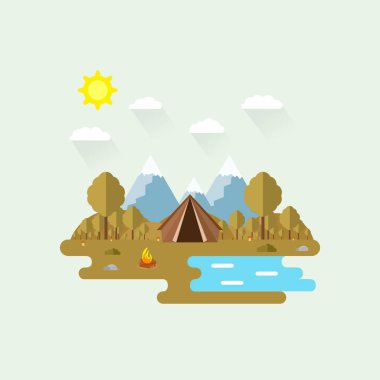 Güzel orman sahne Illustration. Sonbahar manzara düz tarzı. Güneşli bir gün. Arka plan. Çadır, mantar, ağaç, taş, kamp ateşi, dağlar, orman ve su Camping yaz camphiking