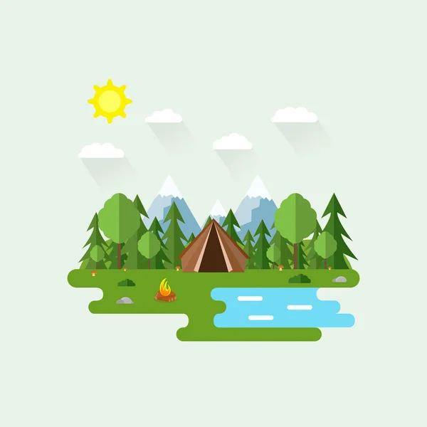 Ilustración Hermosa Escena Del Bosque Paisaje Verano Estilo Plano Día — Vector de stock