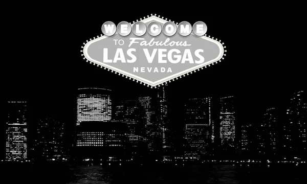 Bienvenido a Fabuloso Las Vegas Nevada. Clásico cartel de bienvenida a Las Vegas sobre fondo grande de la ciudad. Ilustración de estilo vectorial moderno simple. Blanco y negro — Vector de stock