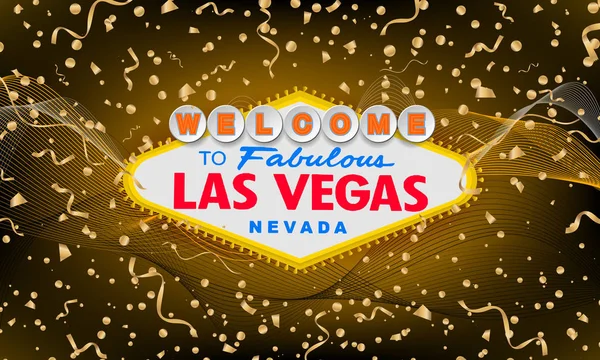 Rétro classique Bienvenue à Las Vegas signer sur fond de nouvel an coloré. Bonne année 2019 fond d'or. Illustration simple de style vectoriel moderne. Serpentine et confettis vectoriels colorés . — Image vectorielle