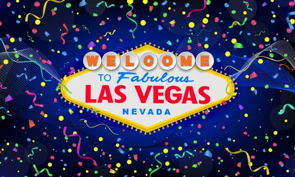 Классическое ретро Welcome to Las Vegas вывеска на красочном новогоднем фоне. С Новым 2019 годом. Простая иллюстрация современного векторного стиля. Векторный разноцветный змей и конфетти . — стоковый вектор