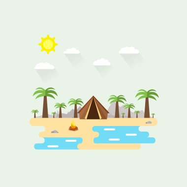 Güzel bir plaj sahne Illustration. Düz stil yaz manzarada. Güneşli bir gün. Arka plan. Çadır, palmiye ağacı, taşlar, kamp ateşi, dağlar, kum ve su