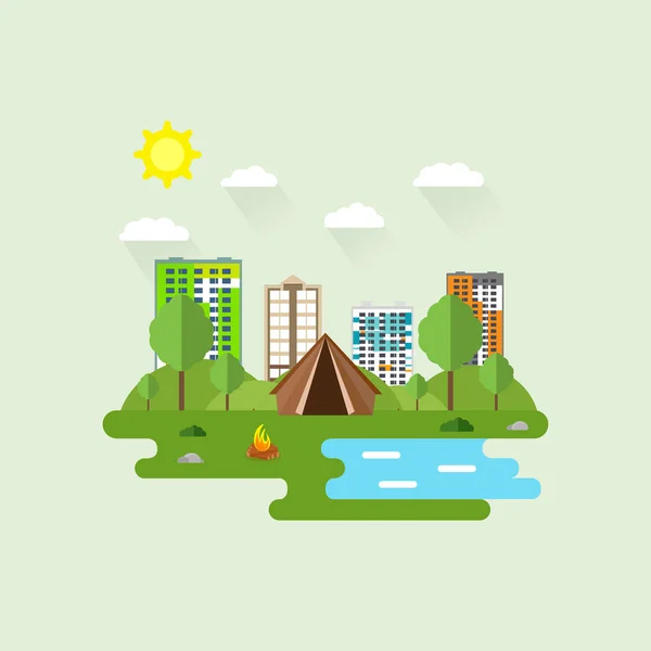 Recreation City Summer Landscape Flat Style Sunny Day Background City — Stock Vector