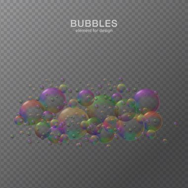 Yansıması ile şeffaf arka plan üzerinde renkli su kabarcıkları. Ayarlayın. Gökkuşağı renkleri. Vektör çizim.