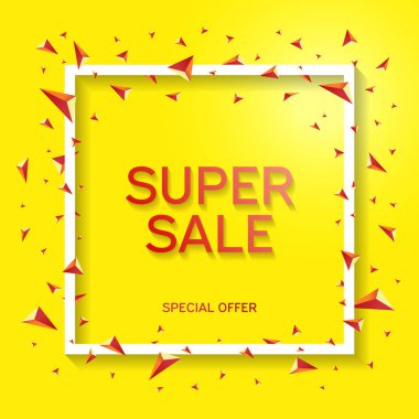 Süper satışı büyük başlığı. Renkli soyut geometrik şekilleri ile çevresinde sarı bir arka plan üzerinde beyaz bir çerçeve