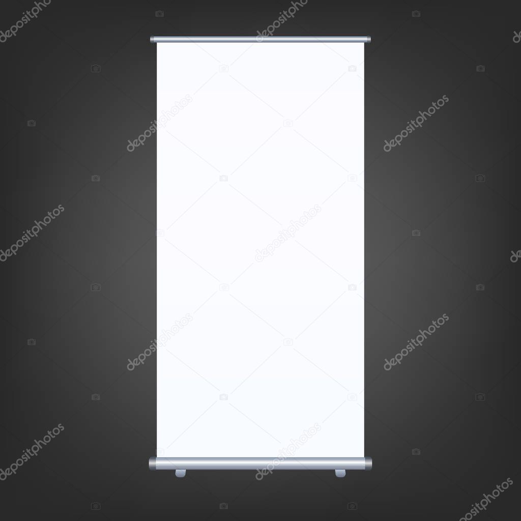 Blank roll-up banner isolated on white background. Design template blank for designers. Flipchart for training or promotional presentation. Vertical. Vector illustration EPS 10