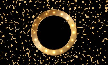 Kutlama. Vektör altın serpantin ve konfeti metin için bir substrat ile siyah arka plan üzerinde. Vektör çizimi