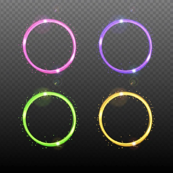 Colorful neon round frame with lights effects. Set. Isolated on black transparent background. Vector design element. Shining colourful circle with magic glitter sparkles. Green. Pink. Gold. Lilac — Stock Vector