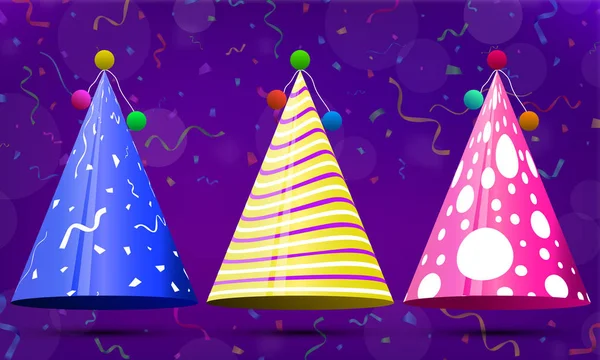 Party hatt satt på färgstark bakgrund. Födelsedag. Vektor rolig dekoration. Färgglada överraskning kostym. — Stock vektor