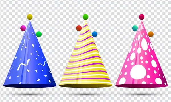 Sombrero de fiesta sobre fondo transparente. Cumpleaños. Decoración divertida vectorial. Colorido traje sorpresa . — Vector de stock