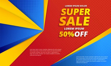Minimum geometrik soyut arkaplan. Süper indirimli pankart. Parlak tasarım dokusu. Dinamik şekiller kompozisyonu. Yüzde 50 'ye kadar indirim var. Sarı, Kırmızı ve Mavi. Vektör illüstrasyonu