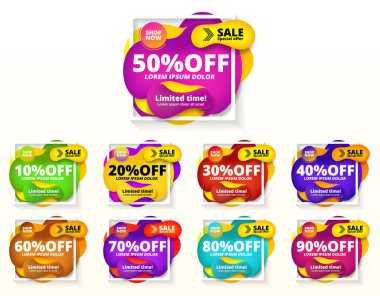 Satış afişi hazır. mega satış için soyut modern parlak grafik elementleri. İndirim 10 'a kadar 30' a 40 'a 50' ye 60 70 'e% 90 indirimli. Pankartlar süper satış için bir şablon. Kara Cuma. Vektör illüstrasyonu.