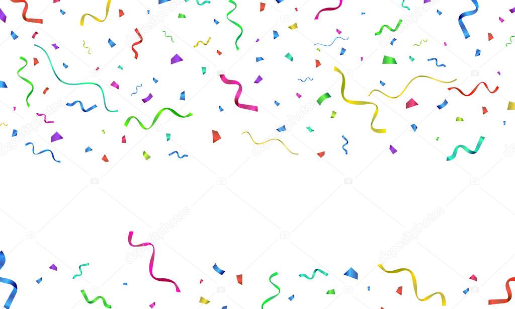 Colorful serpentine and confetti vector holiday background.