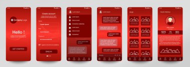 Mobil uygulama tasarımı, UI, UX, GUI. Giriş ve parola girdisi olan kullanıcı kayıt ekranları, hesap imzası, kayıt, sohbet odası, ana sayfa. Modern tarz. Minimum uygulama. Şablon.
