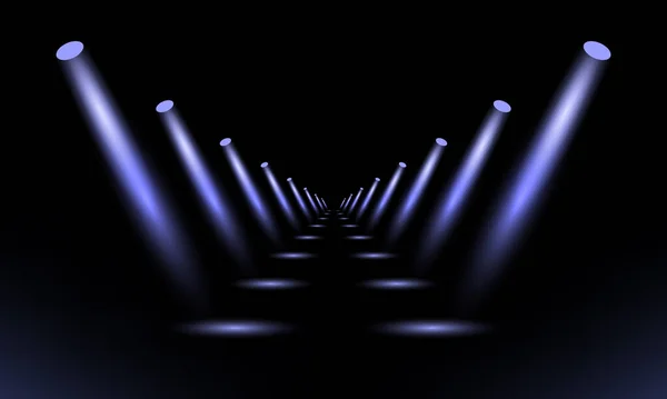 Pódium Podstavec Nebo Plošina Osvětlené Reflektory Černém Pozadí Scéna Malebnými — Stockový vektor