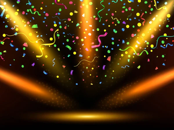 Toneel Met Kleurrijke Gele Lichten Feest Vectorserpentijn Confetti Achtergrond Podium — Stockvector